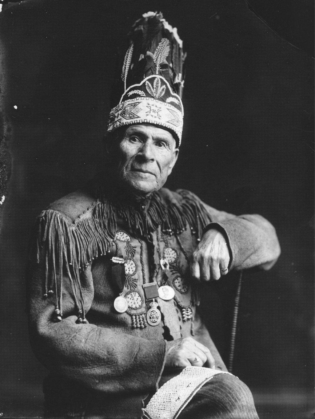 Fred Loft with military medals at the former Ohsweken Orange Lodge at the Six nations Fair grounds. Photo: Six Nations Legacy Consortium Collection, Six Nations Public Library