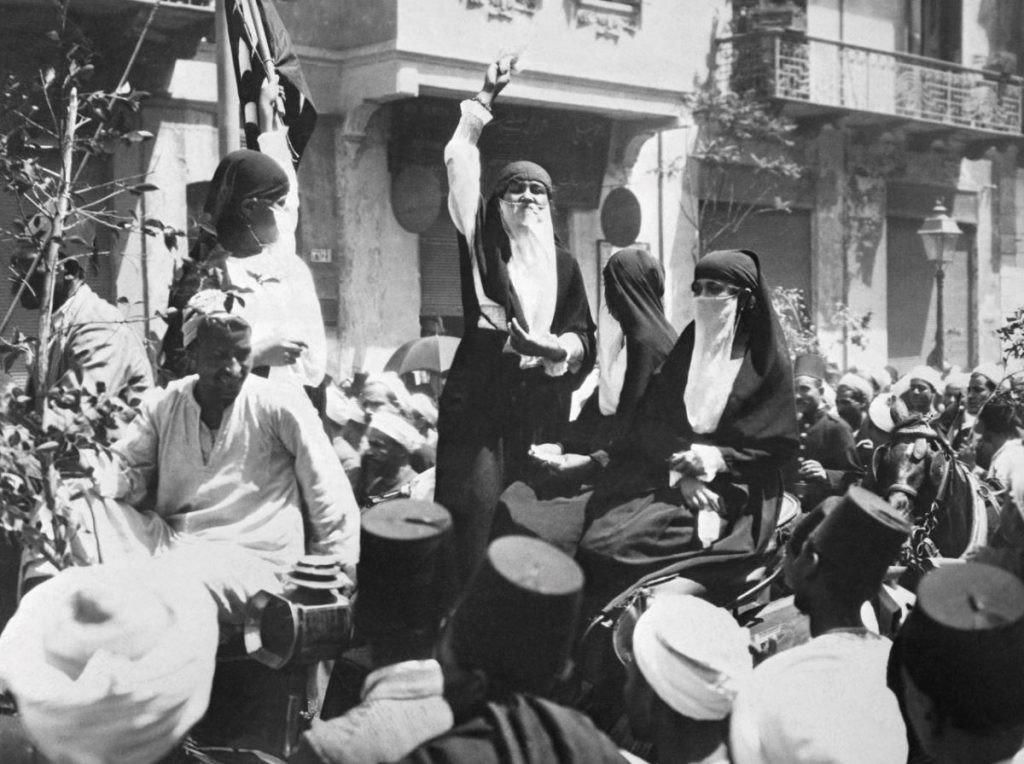 Egyptian women addressing a crown at a protest