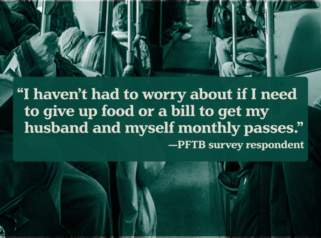 Black and white image of people riding a city bus, with a green overlay. Overtop of the image is a quote from a Poverty-Free Thunder Bay survey respondent which reads “I haven’t had to worry about if I need to give up food or a bill to get my husband and myself monthly passes," reported one PFTB survey respondent.