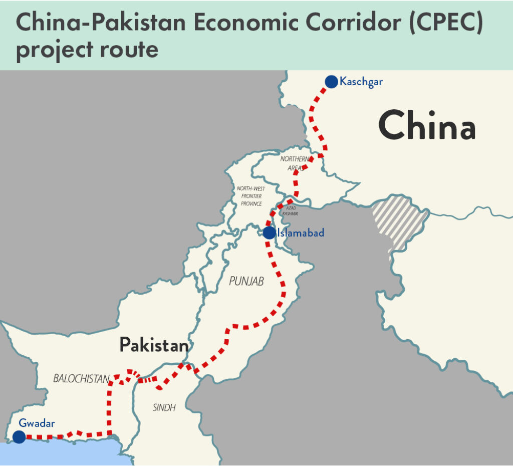 A map of the route that the China-Pakistan Economic Corridor (CPEC) project takes from Kaschgar in Western China to Islamabad in Northern Pakistan, through the Punjab province in Eastern Pakistan, briefly through the Sindh province in South Eastern Pakistan, and then finally through the Balochistan province in South Western Pakistan, where the CPEC ends at the Gwadar port to the Arabian Sea.