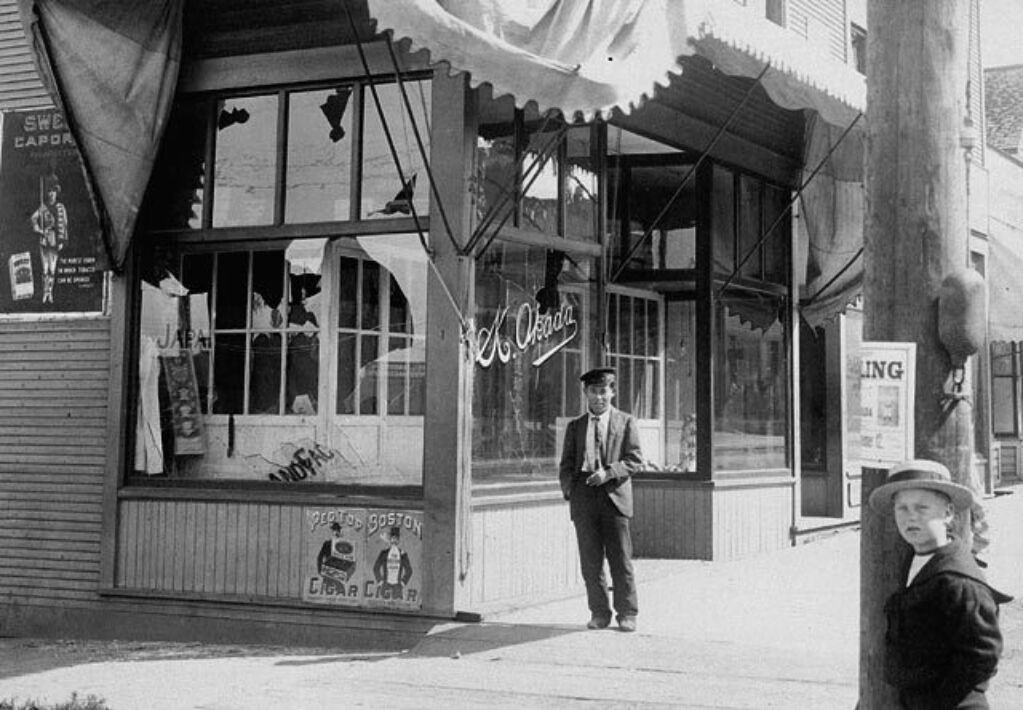 Damage done by the Asiatic Exclusion League to the store of K. Okada, 201 Powell Street. Photographer: Unknown. Reprinted courtesy of Library and Archives Canada, Item ID: C-023555