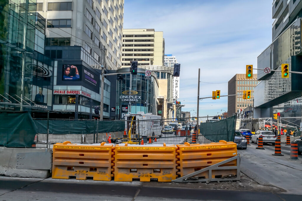 View of a Metrolinx Eglinton Crosstown construction site at the intersection of Yonge and Eglinton in Toronto. The construction of the line is a full year behind schedule.